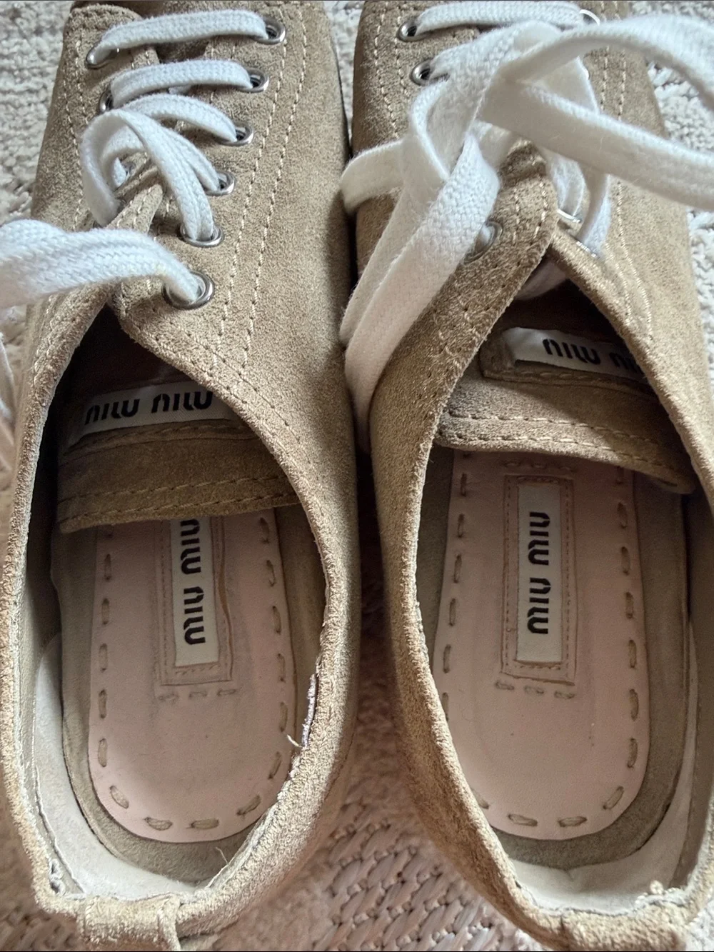 Miu Miu Taupe Suede Lace-Up Sneakers with White Laces